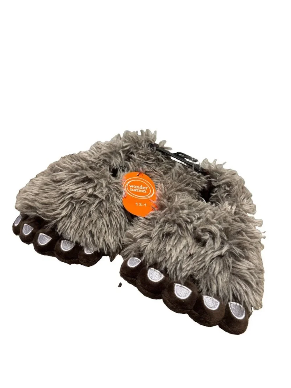 WONDER NATION Kids Fuzzy Bigfoot Yeti Sasquatch Brown Plush Slippers Sz 13-1